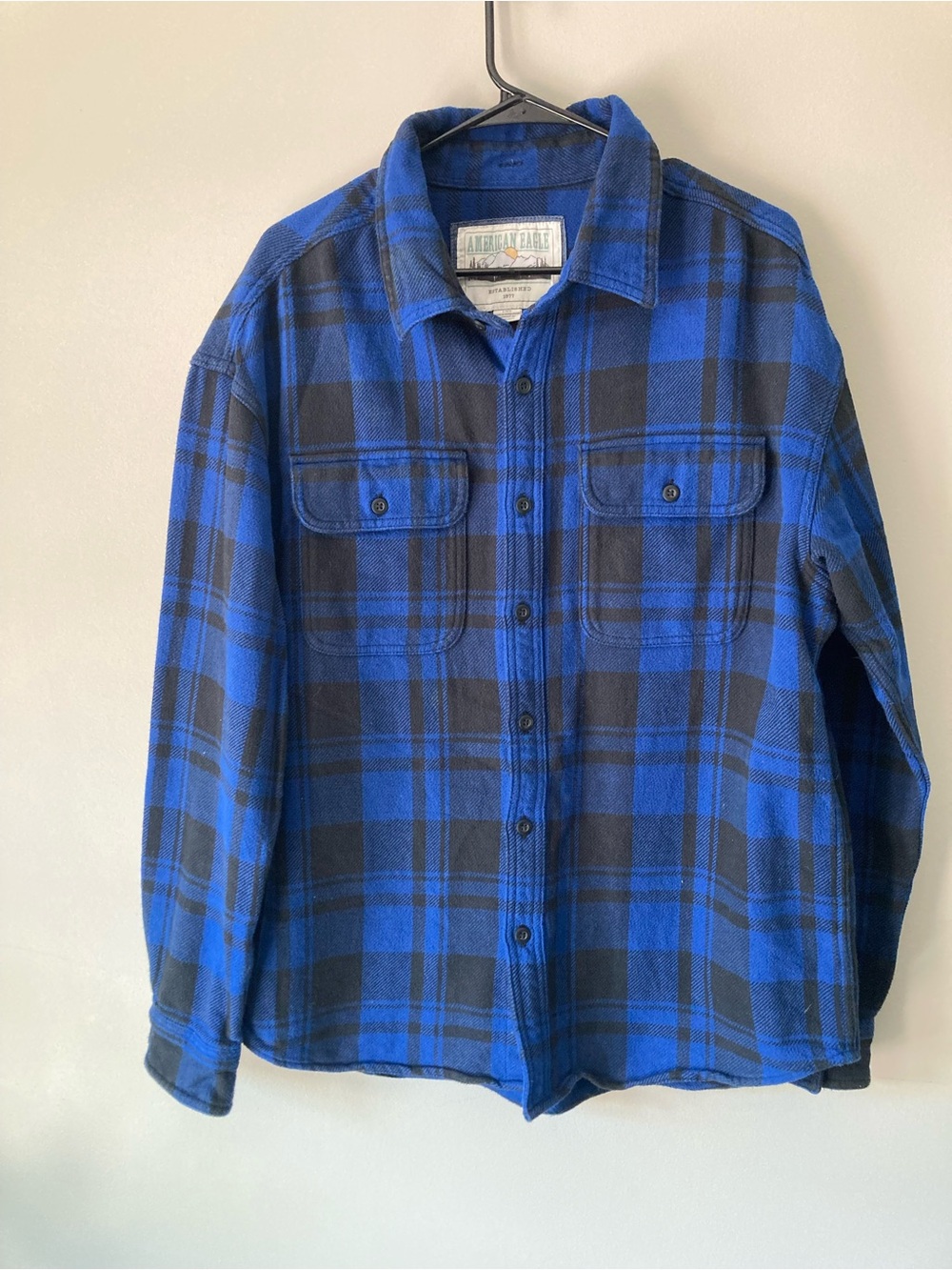 American Eagle Blue & Black Plaid Flannel Shirt